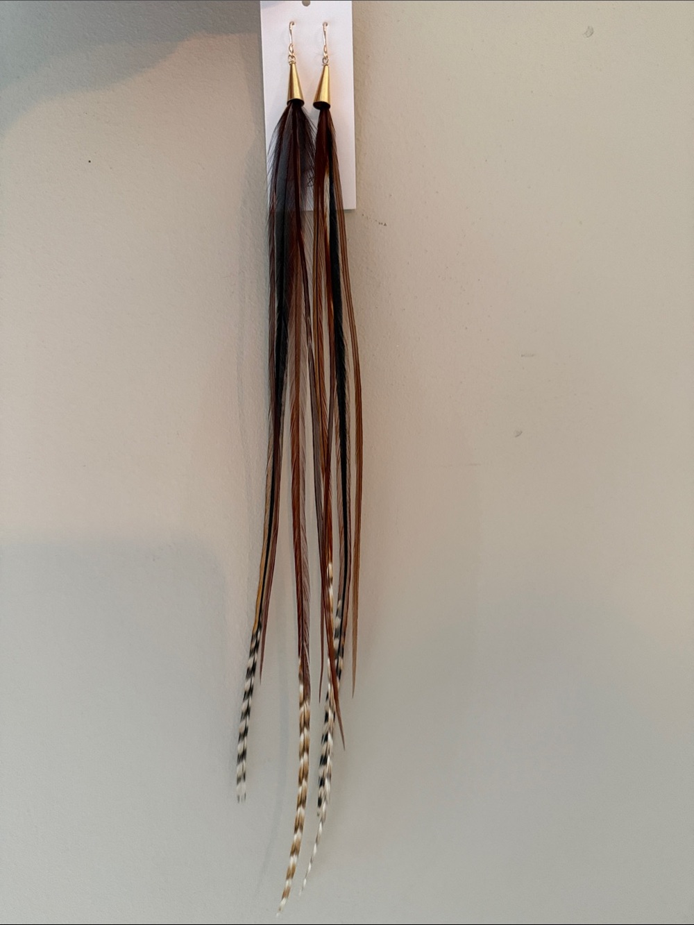 Feather Drop Earrings- Brown & Black Long Feather Hooks NWT